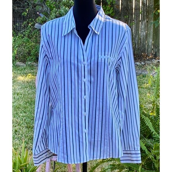 NWT Gold Label Investments SZ 18 Non-Iron Black White Striped Blouse - Picture 1 of 10